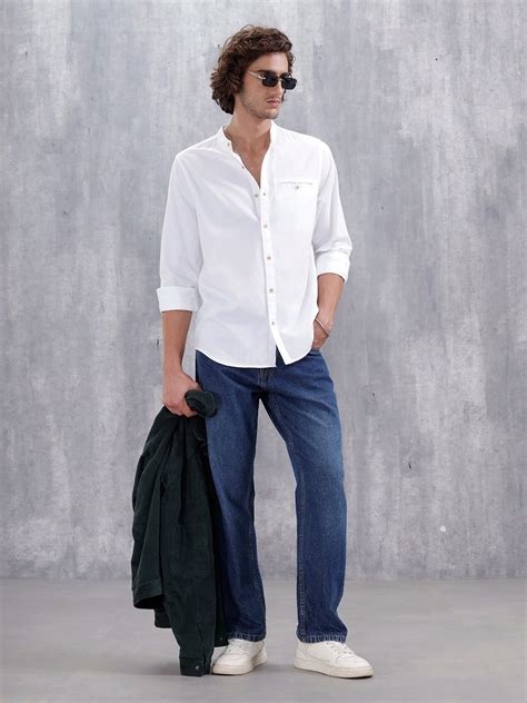 100% Cotton Solid Mandarin Collar Shirt | Off White – Wrogn