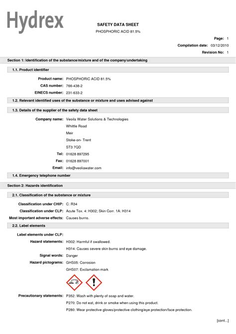 Safety Data Sheet Phosphoric Acid at Susan Mccarter blog