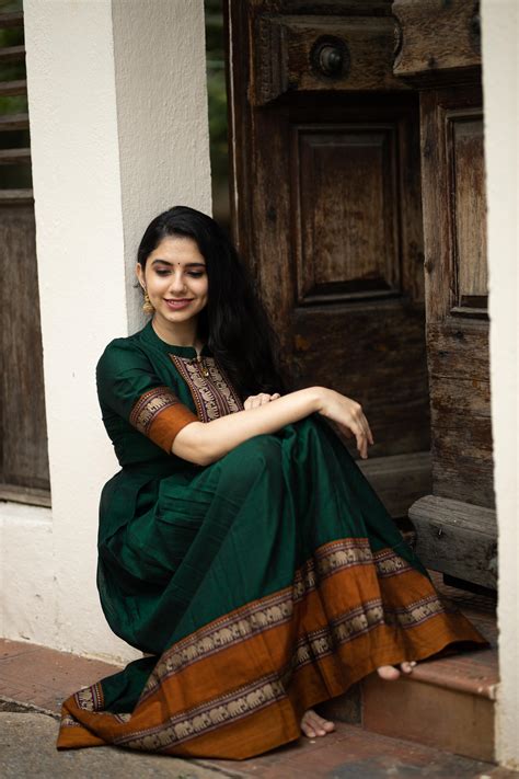 Ladies Dark Green Pure Narayanpet Cotton Collar Neck Long Dress - Women ...
