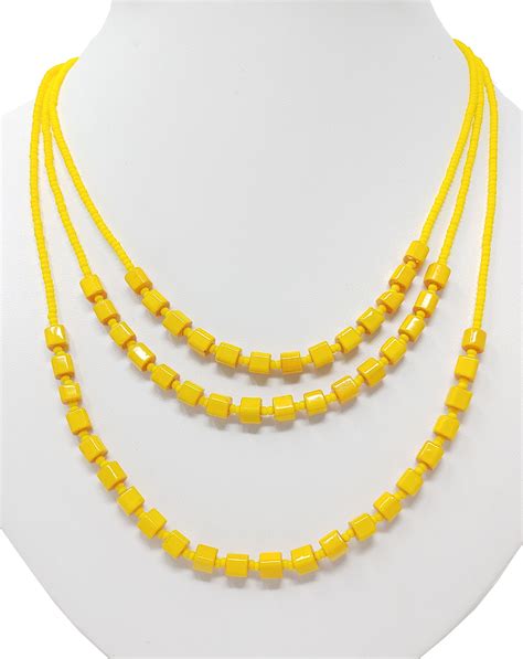 Yellow Glass Beaded Necklace Multi Strand Chunky Design Women Fashion ...