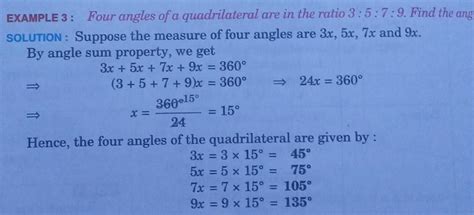Four angles of a quadrilateral are in ratio 3:5:7:9 find the angle of ...