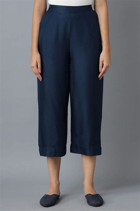 Buy Navy Blue Solid Straight Fit Cotton Culottes With Elasticated Waist ...