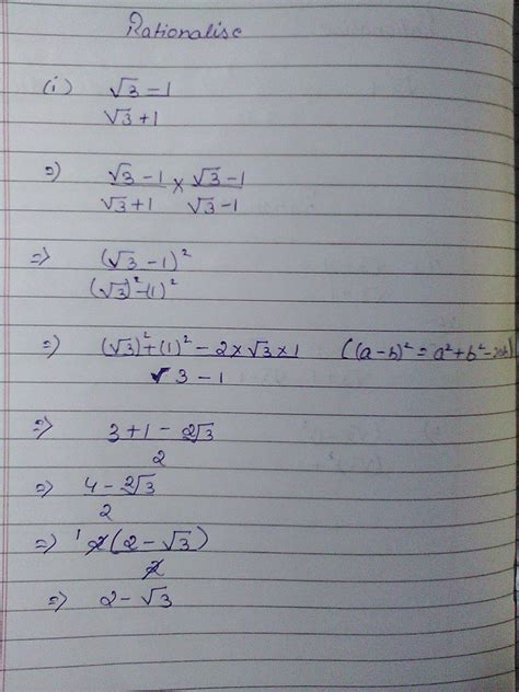 rationalize denominator square root 3 minus one upon square root 3 + 1 ...