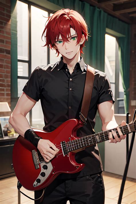 Anime guy with red hair and glasses playing a guitar - SeaArt AI