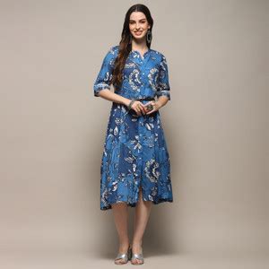 BIBA Women A-line Dark Blue, Blue, White Below Knee Dress - Buy BIBA ...