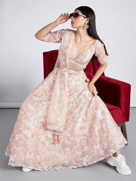 Light Weight Peach Organza Embroidered Lengha Set For Shaadi Partywear