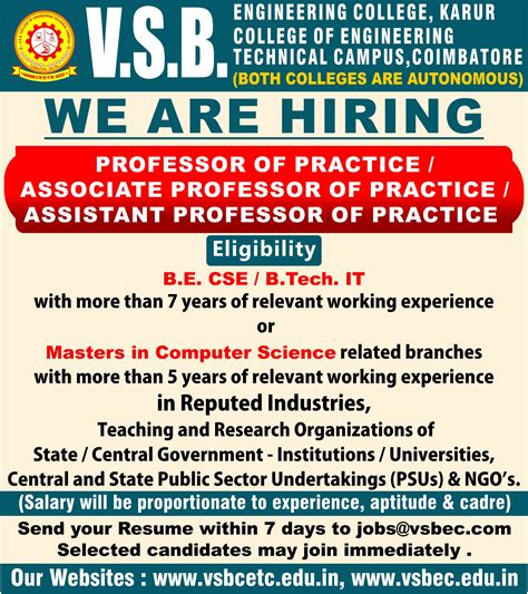 VSB Group of Engineering Colleges – Coimbatore & Karur (Tamilnadu) Wanted Professor of Practice ...
