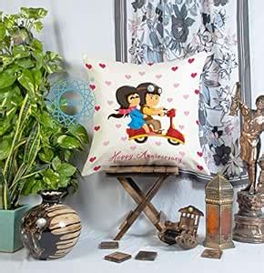 Buy STITCHNEST Jute Happy Anniversary Couple On Scooter Print Cushion ...