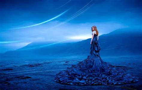 Wallpaper the sky, girl, mountains, blue, dress, is, blue, hem for ...