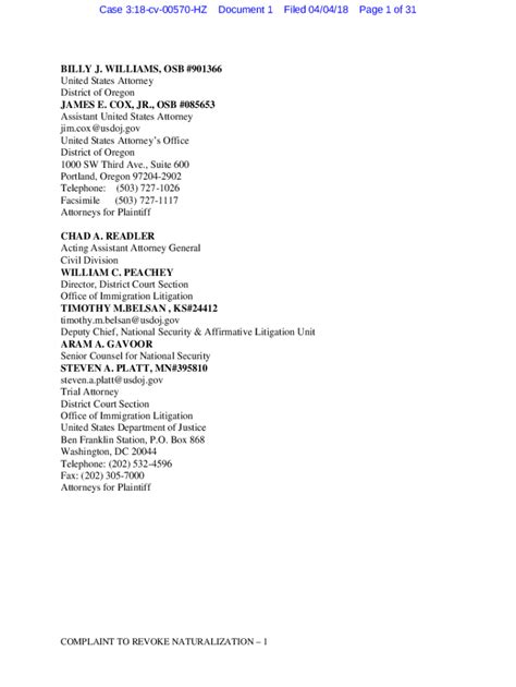 Fillable Online BILLY J. WILLIAMS, OSB #901366 United States Attorney ...