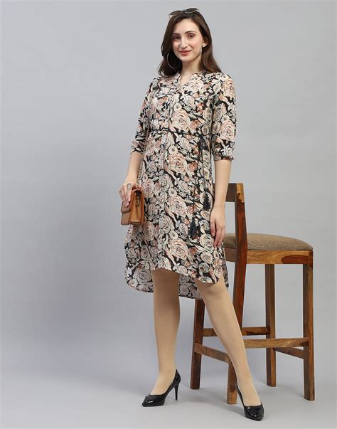 Buy Women Black Floral Print V Neck 3/4 Sleeve Dress Online in India ...