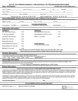 Fillable Online 2011 ST. MATTHEWS BASEBALL AND SOFTBALL PLAYER ...