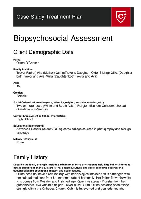 Biopsychosocial Assessment - Case Study Treatment Plan Biopsychosocial ...