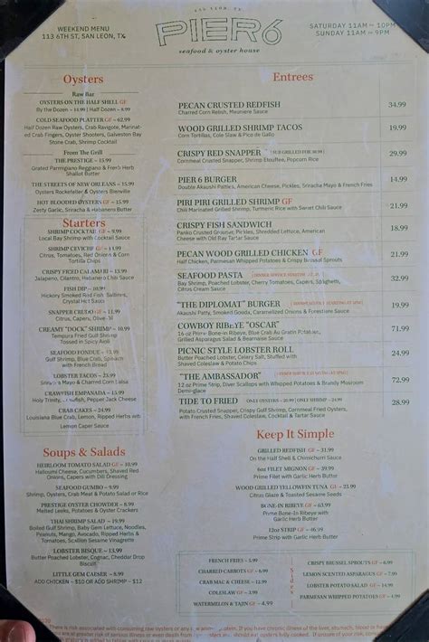 Menu at Pier 6 restaurant, San Leon