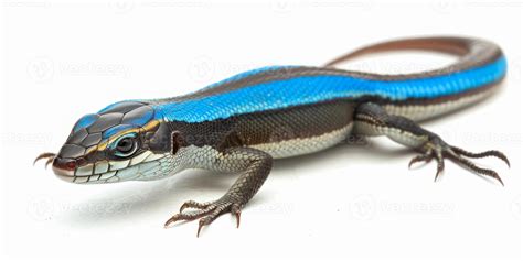 five lined skink with a striking blue tail moves elegantly across clean ...