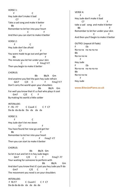 HEY JUDE – THE BEATLES PIANO CHORDS & Lyrics – Bitesize Piano