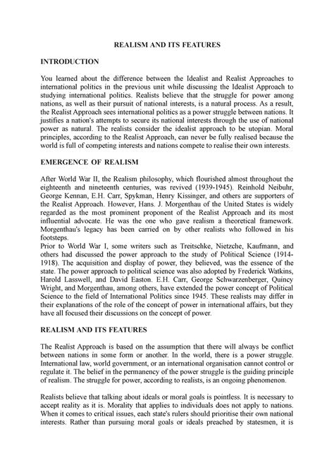 Realism AND ITS Features - REALISM AND ITS FEATURES INTRODUCTION You ...