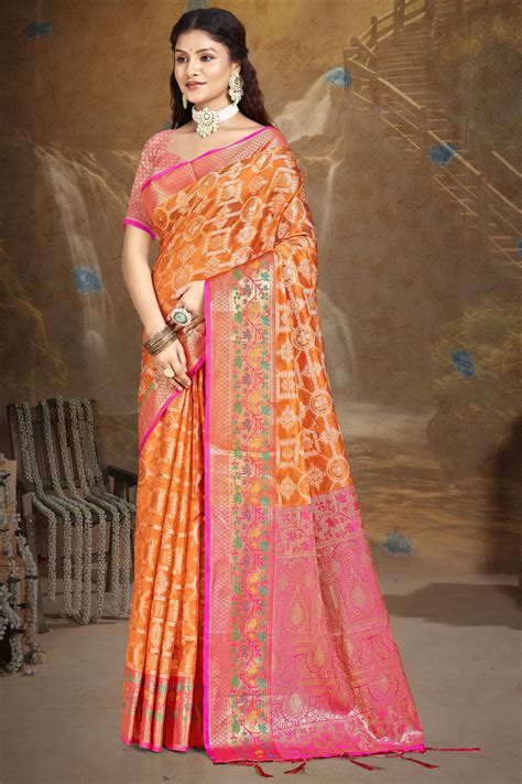 Buy Orange Silk Saree Online | Saree Buta | ZB132954
