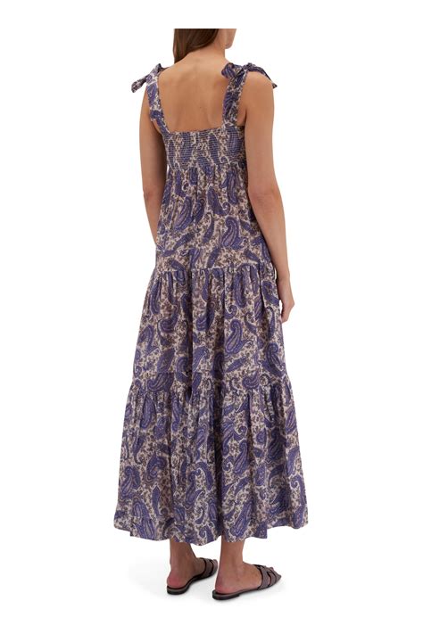 Zimmermann - Devi Indigo Cream Paisley Tie Shoulder Dress