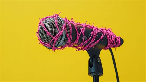 Microphone Wrapped in Pink Barbed Wire on Yellow Backdrop. Stock Photo ...