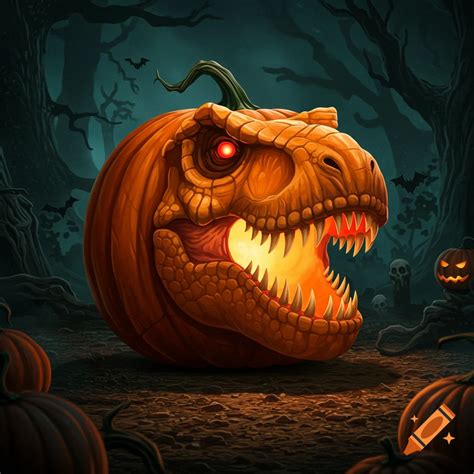 A spooky Halloween scene featuring a pumpkin carved into a T-Rex head ...