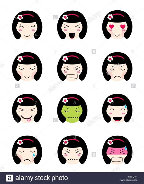 Cute emoji collection. Kawaii asian girl face different moods Stock Vector Image & Art - Alamy