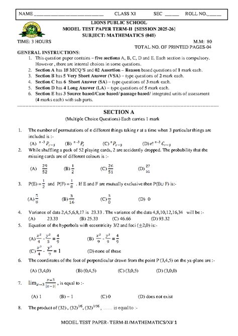 MTP-T2-Mathematics Class XI Model Test Paper (041) - Studocu