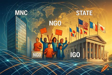 An illustration representing the international system with MNC, STATE, NGO, and IGO entities ...
