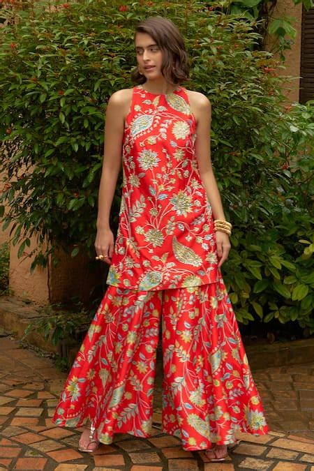 Buy Orange , Satin Pearls, Paisley Print Zardozi Kurta And Sharara Set ...