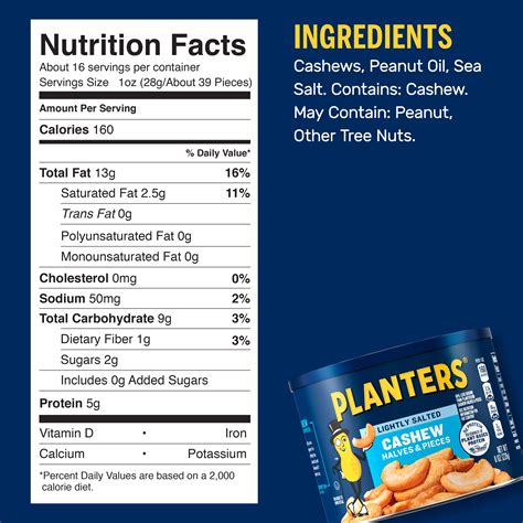 PLANTERS Lightly Salted Cashew Halves, 50% Less Sodium, 5g Plant ...