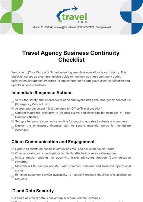 Free Travel Agency Business Continuity Checklist Template to Edit Online