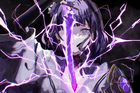 Download wallpaper girl, zipper, sword, fantasy, Genshin Impact, Raiden ...