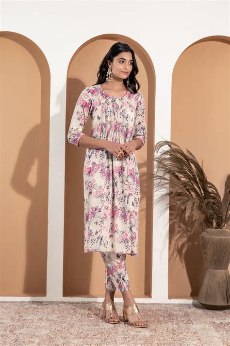 Anisha Beige Suit Set with pintucks in front – Paraa India