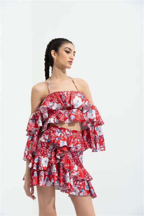 Ajisia Printed Cold Shoulder Blouse Paired With Short Skirt for women ...
