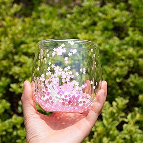 Buy Shakeable Pink Cherry Blossom Sequin Double Glass Coffee Cup,High ...