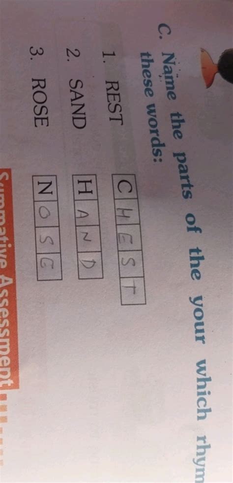 C. Name the parts of the your which rhym these words:1. RESTC H|E|S|T2..
