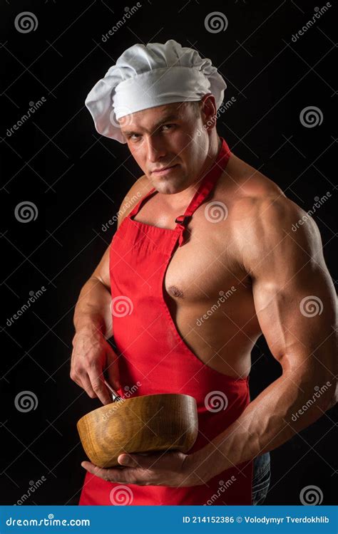 Cooking Man in Apron. Muscular Chef with Bowl. Sports Diet. Stock Photo - Image of knife, dish ...