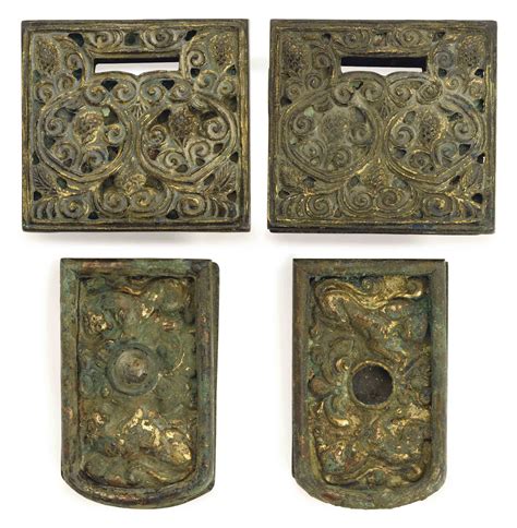 TWO PAIRS OF CHINESE GILT BRONZE BELT FITTINGS, , TANG DYNASTY (618-907 ...