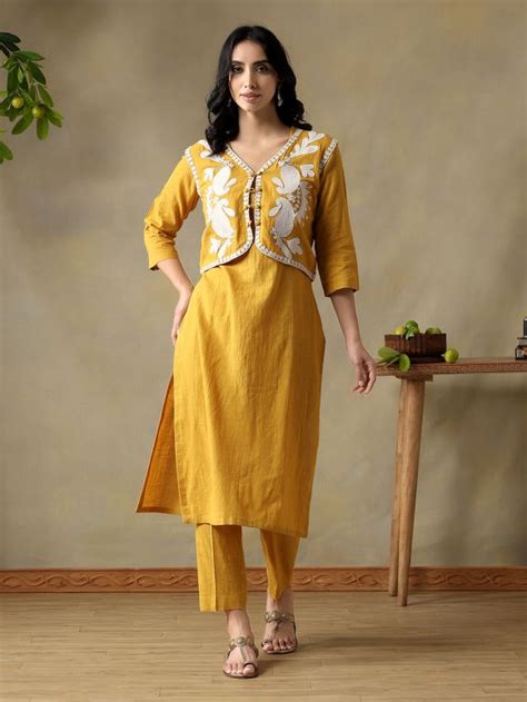 Yellow Embroidered Cotton Slub Kurta with Jacket and Pants - Set of 3
