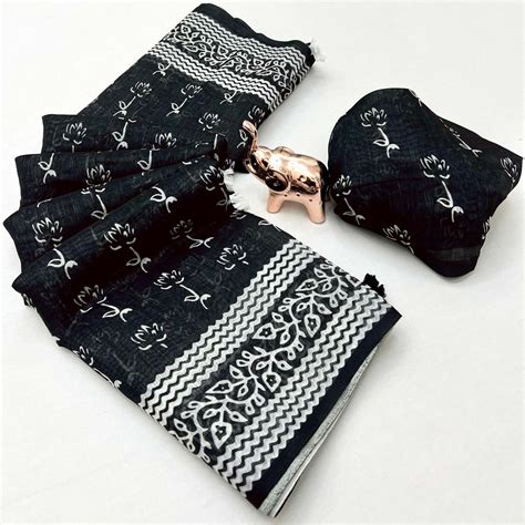 Black Soft Linen Saree with Artistic Print