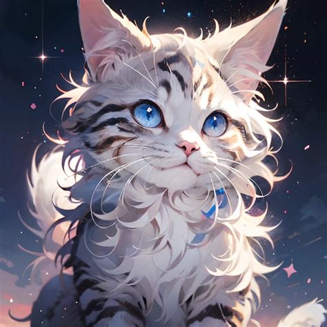 anime cat with blue eyes and stars on background, anime cat, cute cat ...
