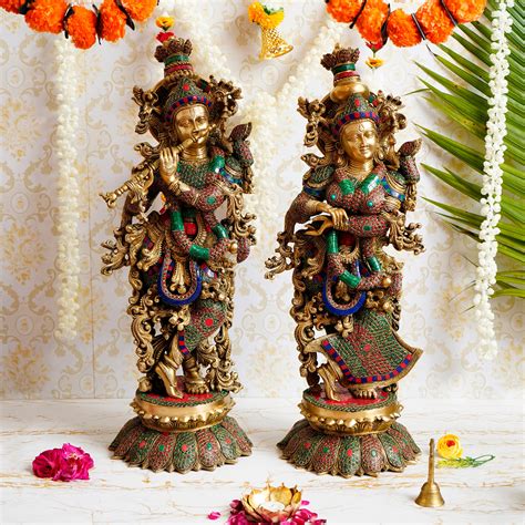 Colorful Radha Krishna Playing Flute Handcrafted Brass Idol with Stone ...