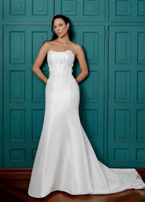 Strapless Mikado Mermaid Gown with Pearls & Florals – Lotus Threads Bridal
