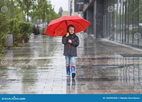 The Boy Walks in the Pouring Rain Stock Photo - Image of cheerful ...