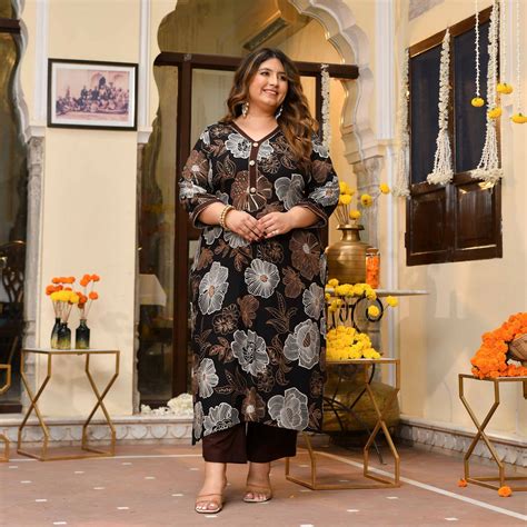 Elaichi Black Gold Floral Print Plus Size Kurta | The Plus Size Store
