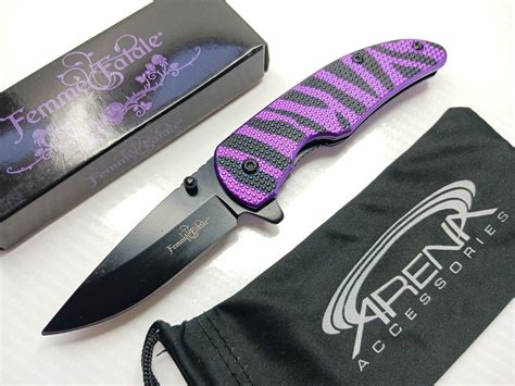 Purple Zebra Print Pocket Knife Flipper Women Self Defense B