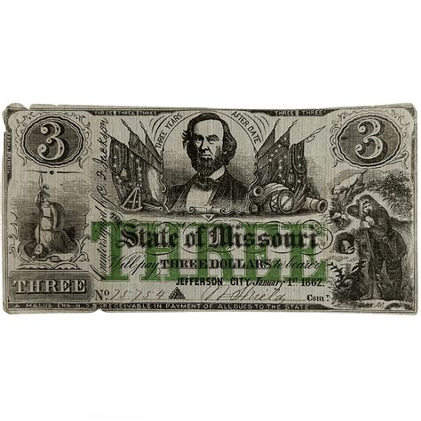 1862 Jefferson City State of Missouri $3 Note - Gold & Silver Pawn Shop