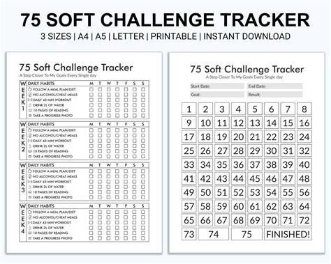Printable 75 soft challenge tracker 75 day challenge planner fitness ...
