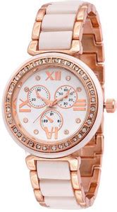IIK White Studded Dial with Rose Gold and White Bracelet Chain Analog ...