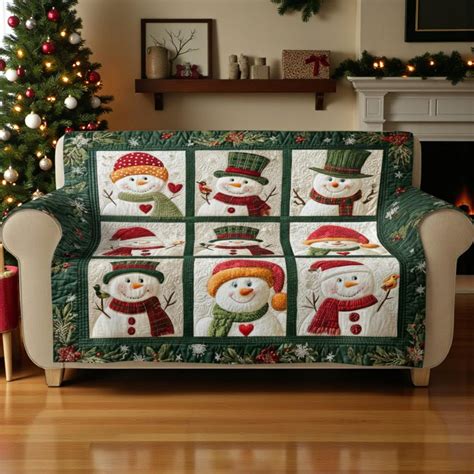 Snowman Christmas Quilted Sofa Cover, Cozy Holiday Couch Cover ...